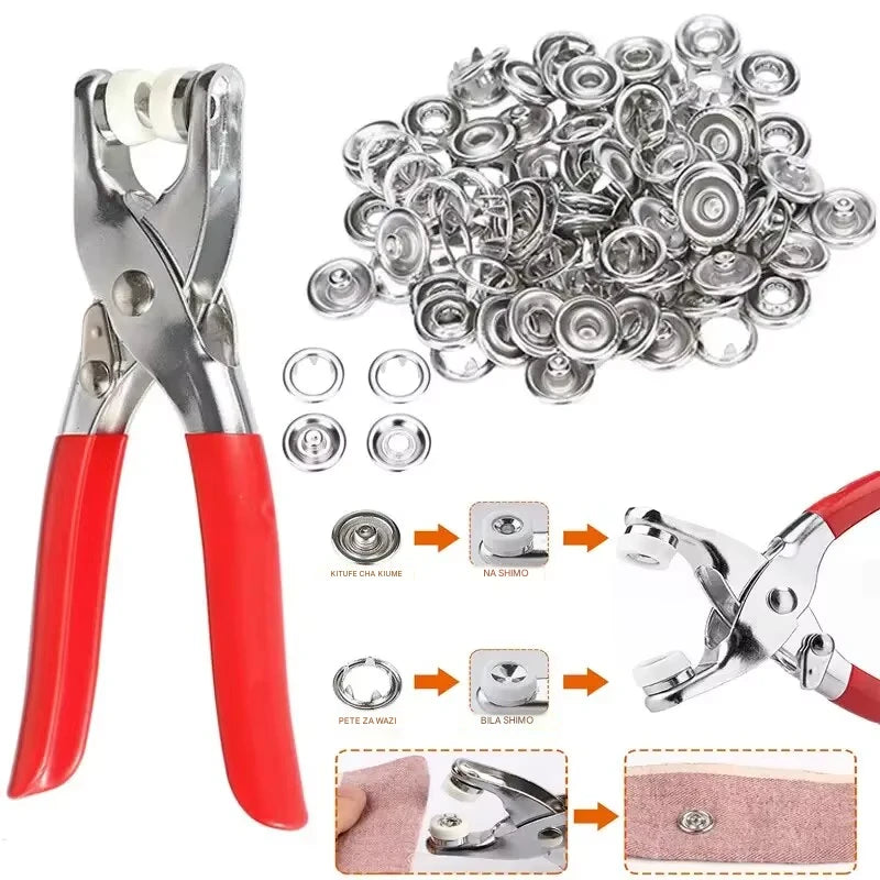 Seti ya Koleo na Vifungo vya Chuma (100pcs) - Snap Button Plier Tool Kit
